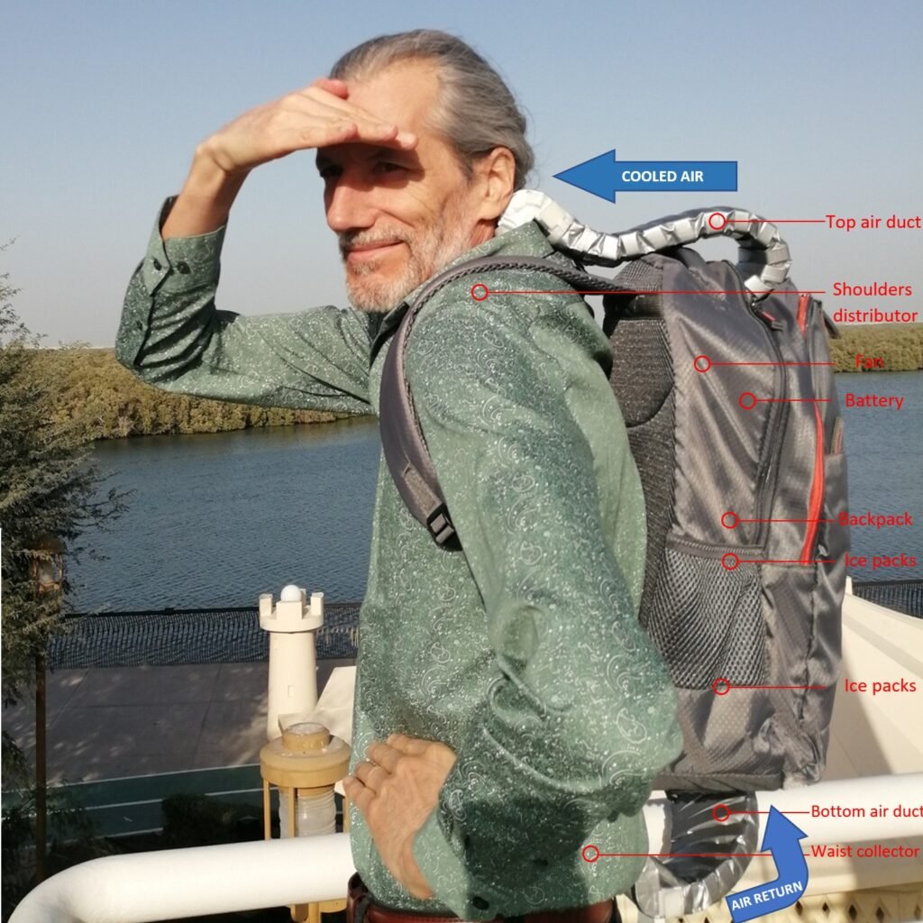 A person wearing the ComeBeCool Personal Cooling Backpack.